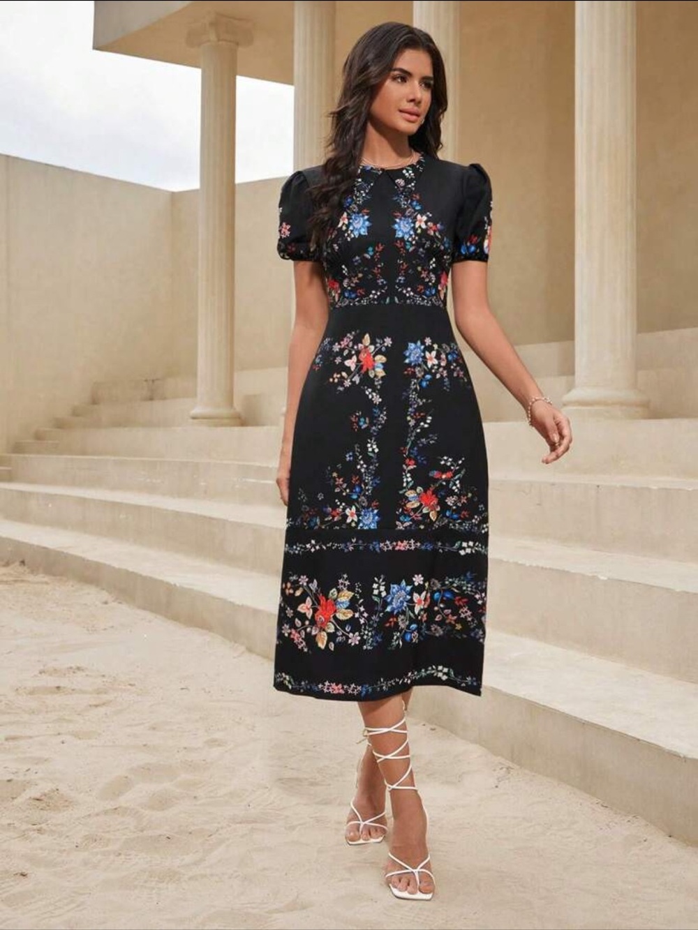 SHEIN Black Floral Midi Dress with Puff Sleeves